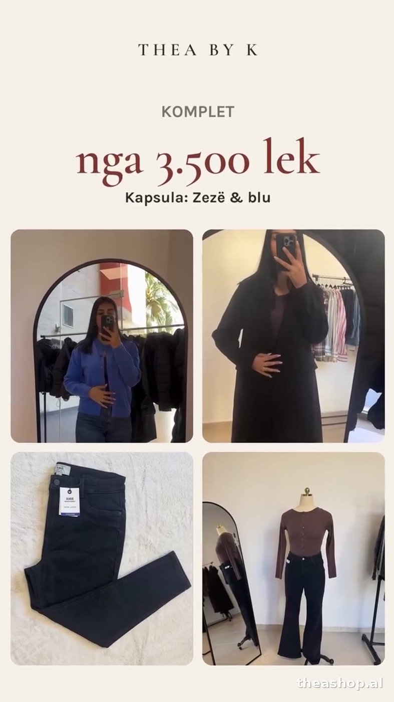 Kardigan triko blu e ndezur me kopsa + Pallto e gjatë e zezë